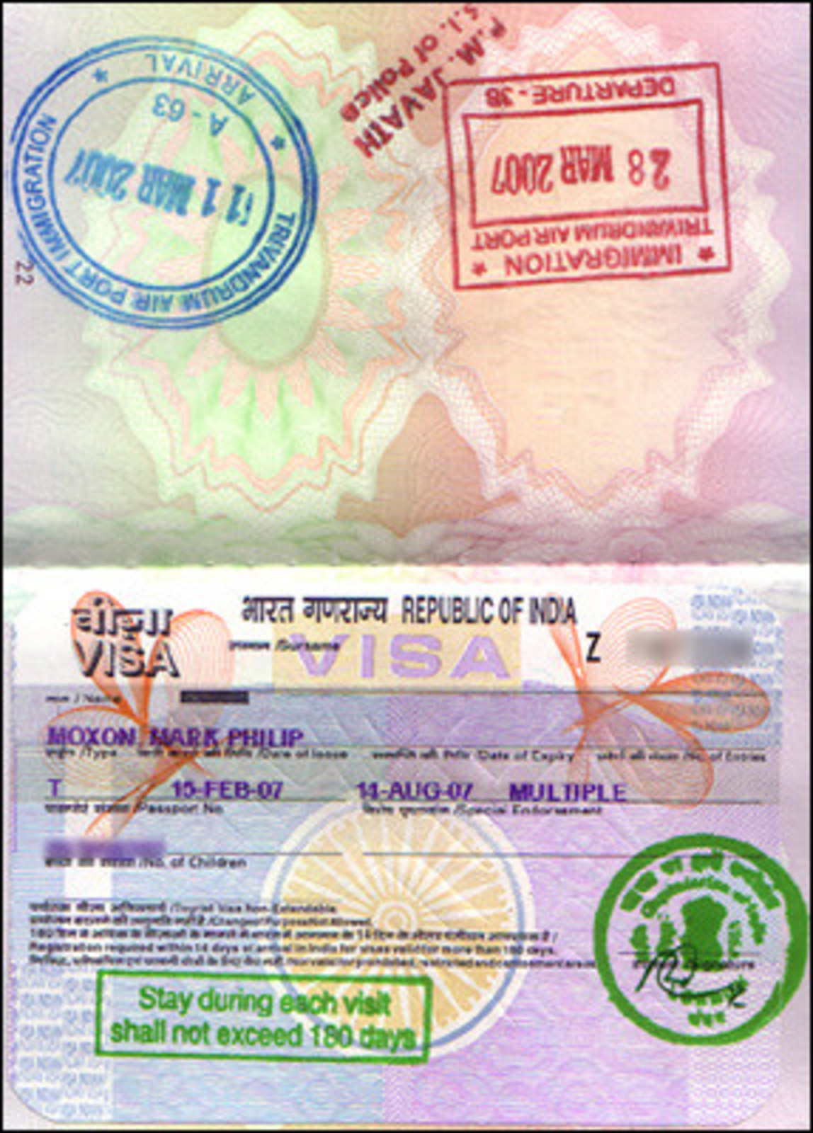 Indian six-month tourist visa (2007)