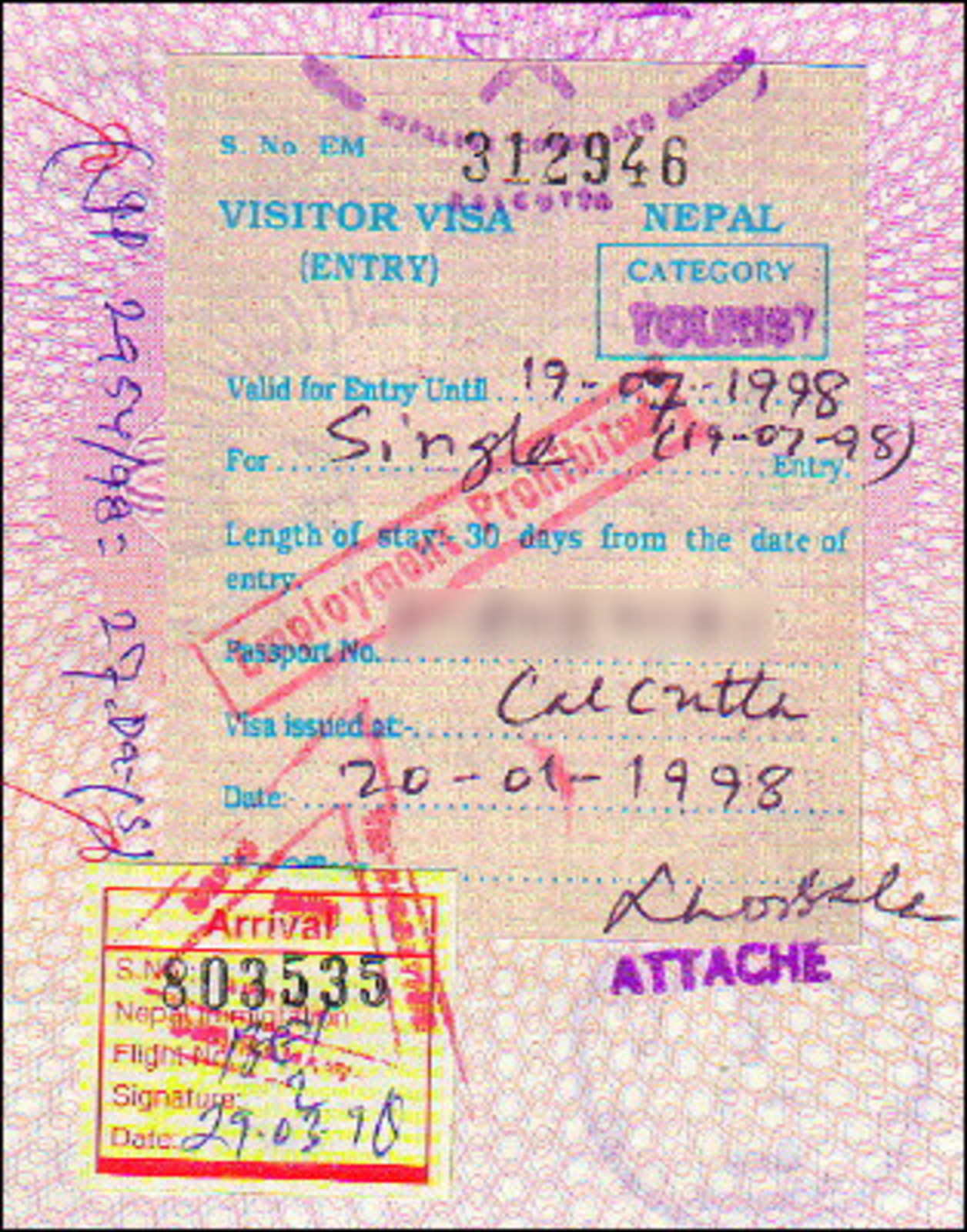 Nepalese one-month tourist visa