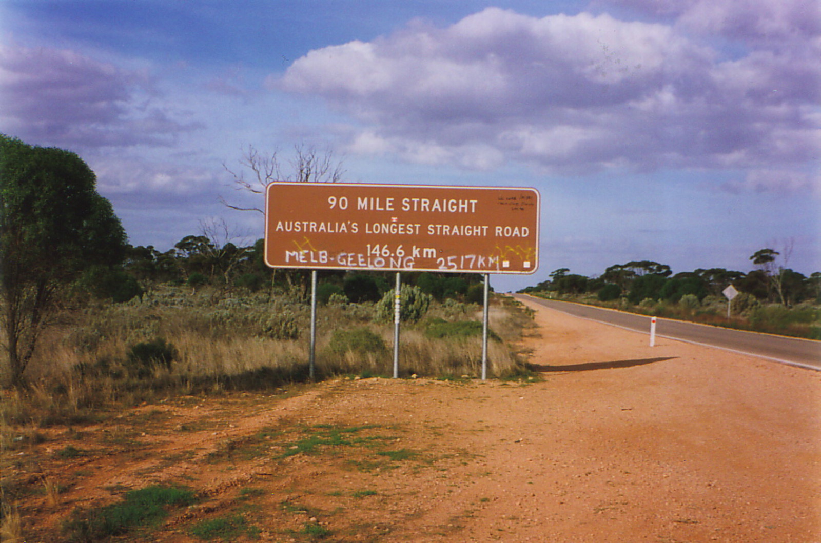 A sign proclaiming the longest stretch of straight road in Australia