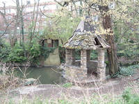 Pepperpot gazebos on the River Brent, left over from the old Brent Bridge Hotel