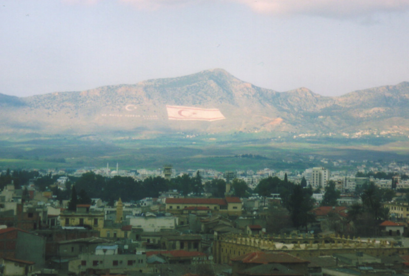 The Turkish flag painted on the mountain range north of Nicosia