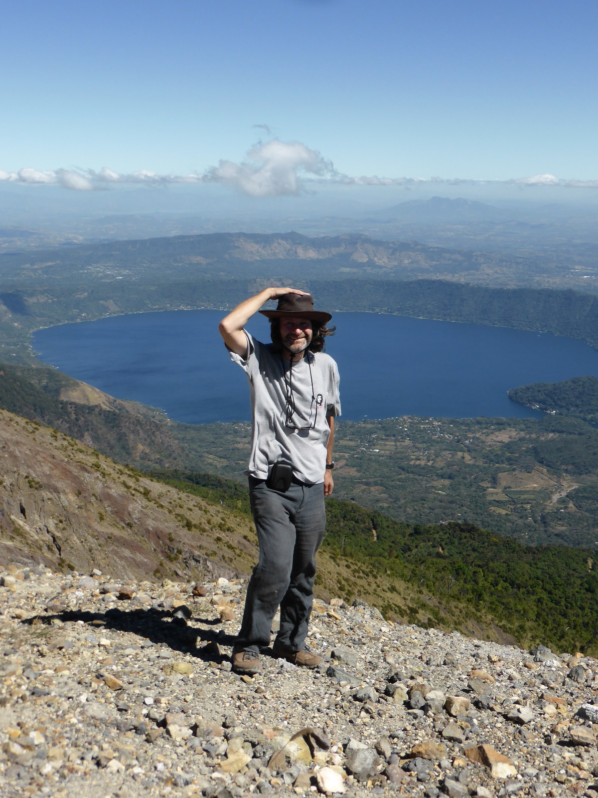 Mark on the top of Santa Ana, with Lago de Coatepeque in the background