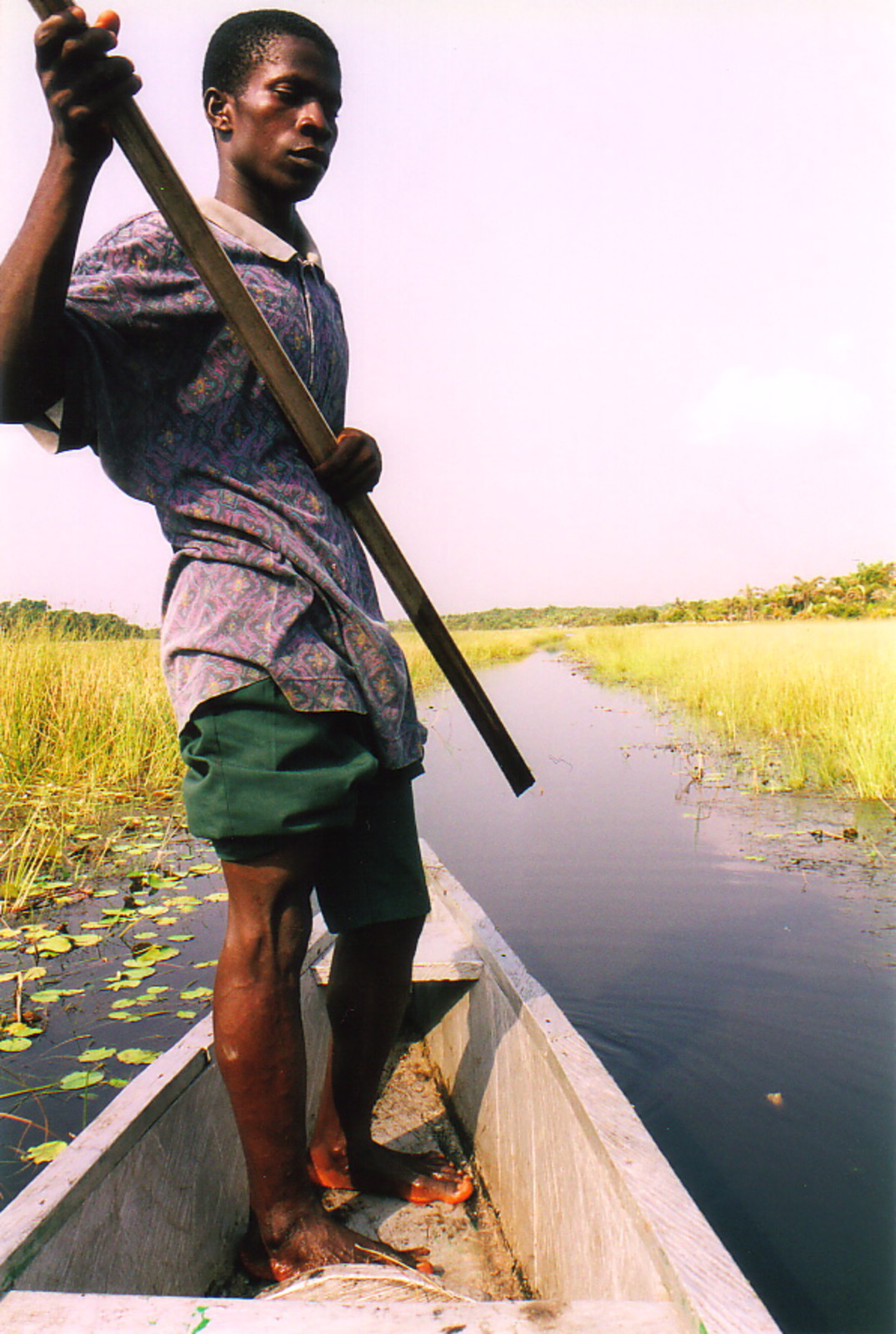 Evans punting a canoe along the tranquil Amansuri River