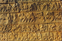 A carved relief on a wall in Hampi