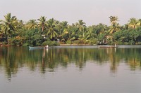 Two men rowing canoes along the backwaters