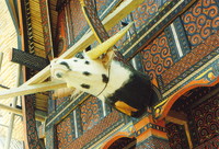 A carved water buffalo head on a Torajan building