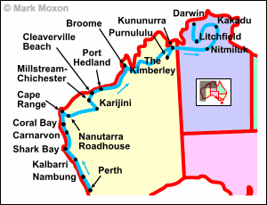Map of Perth to Darwin, Australia