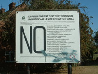 A sign detailing 15 activities that are banned in the Roding Valley Recreation Area