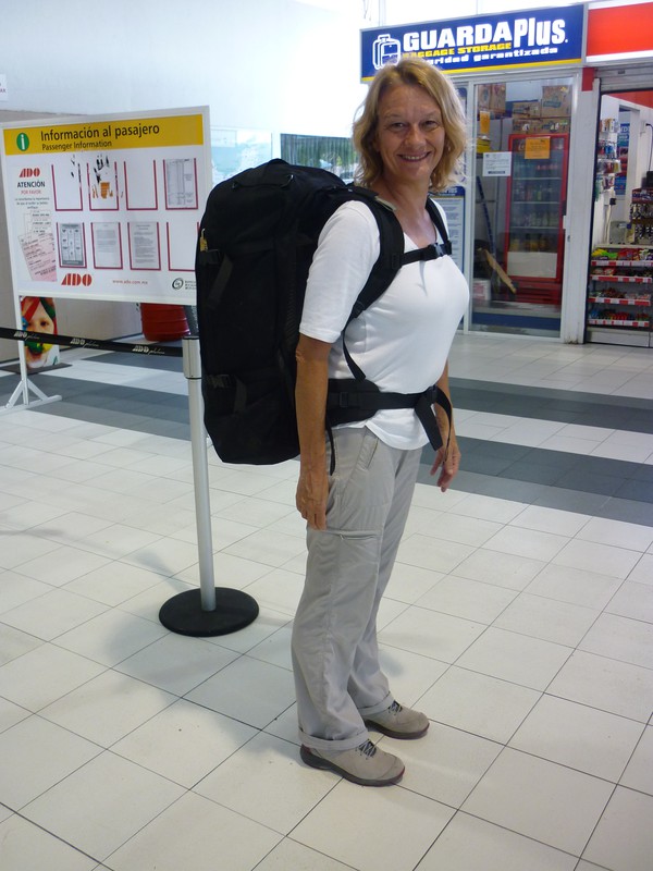 Peta in the ADO bus terminal in Playa del Carmen, all packed up and ready to go to Belize