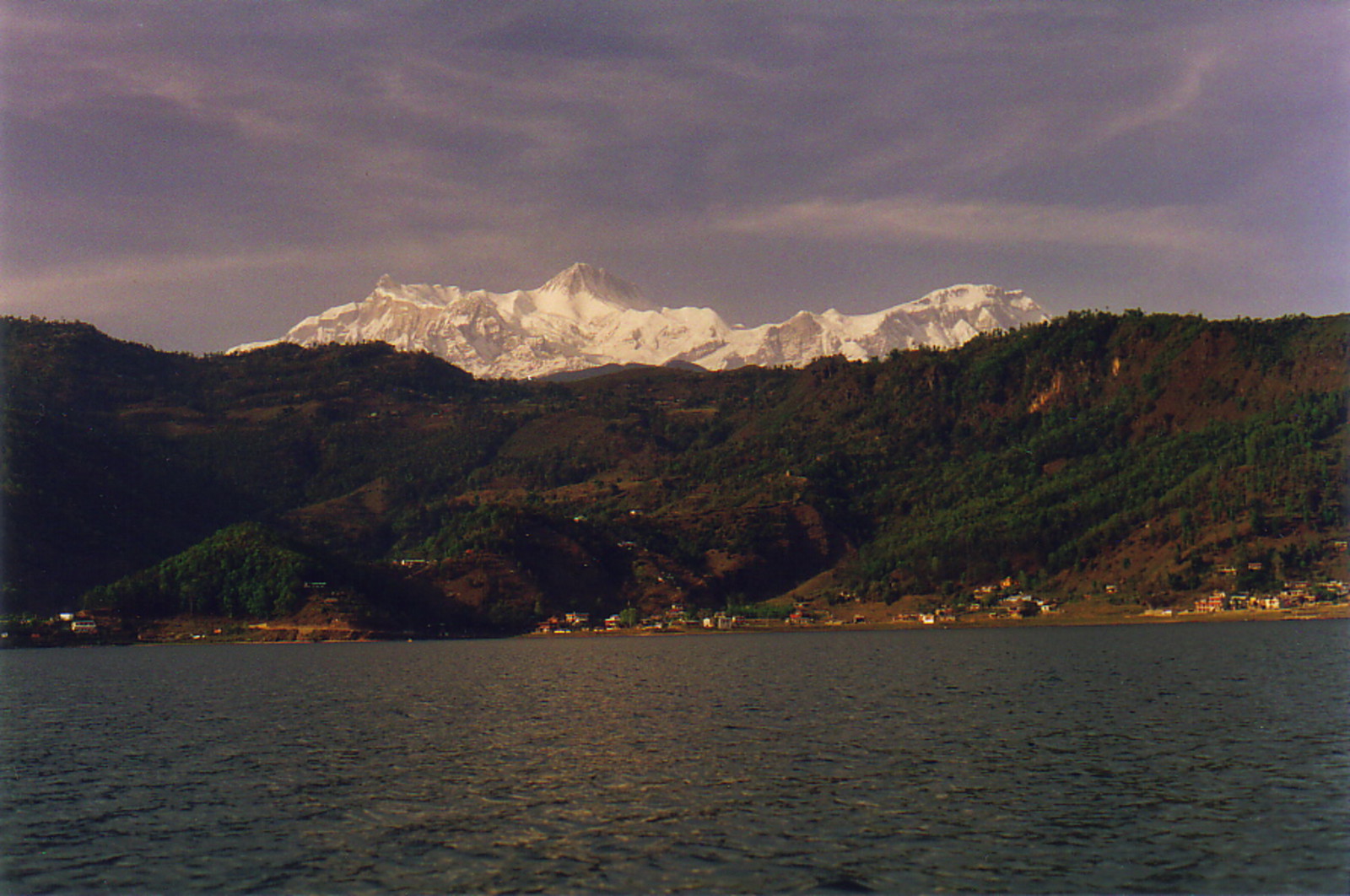 A view of the Annapurna range from the lake at Pokhara