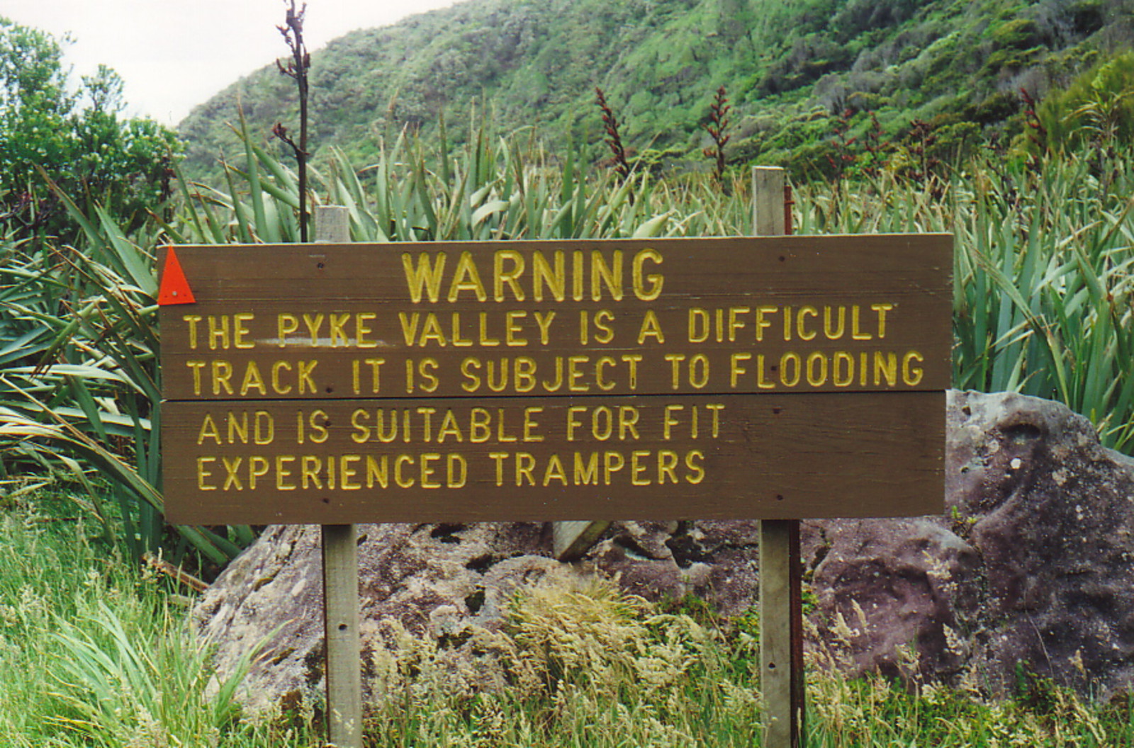 A warning sign at the start of the Pyke Route