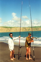 Mark and Greg surfcasting on Whatipu Beach