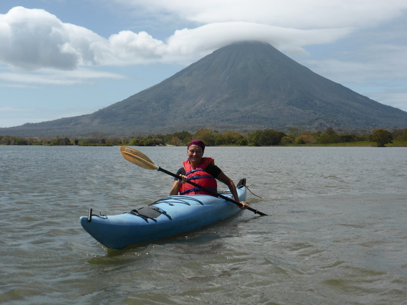 Peta kayaking off Ometepe with Volcán Concepción in the background