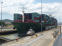 A container ship entering the lock
