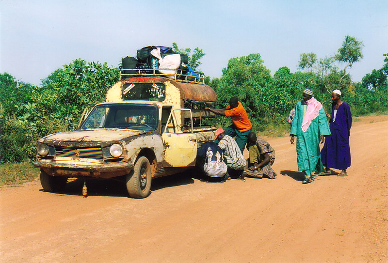 A broken-down van in the desert