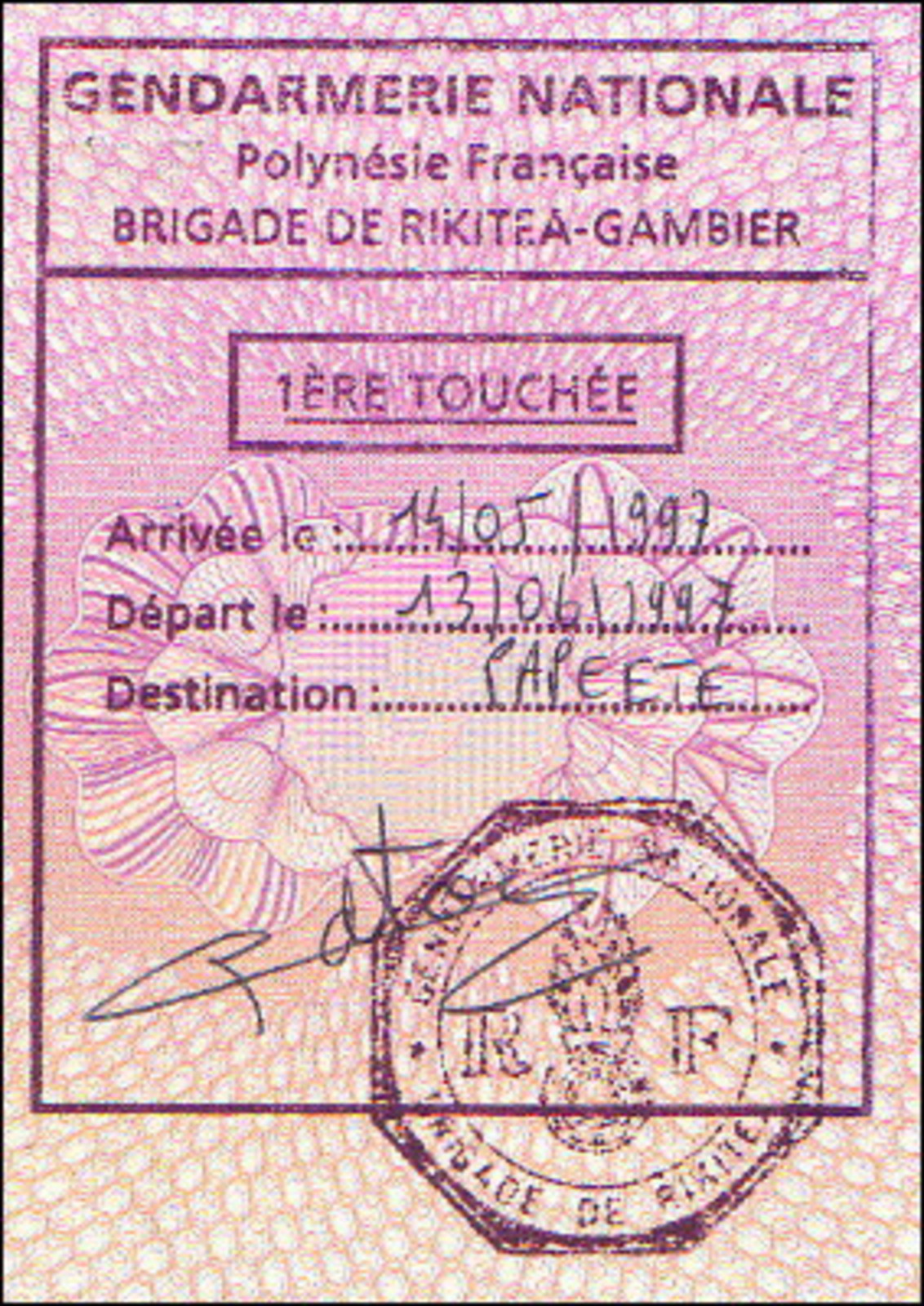 Entry stamp for Rikitea, French Polynesia