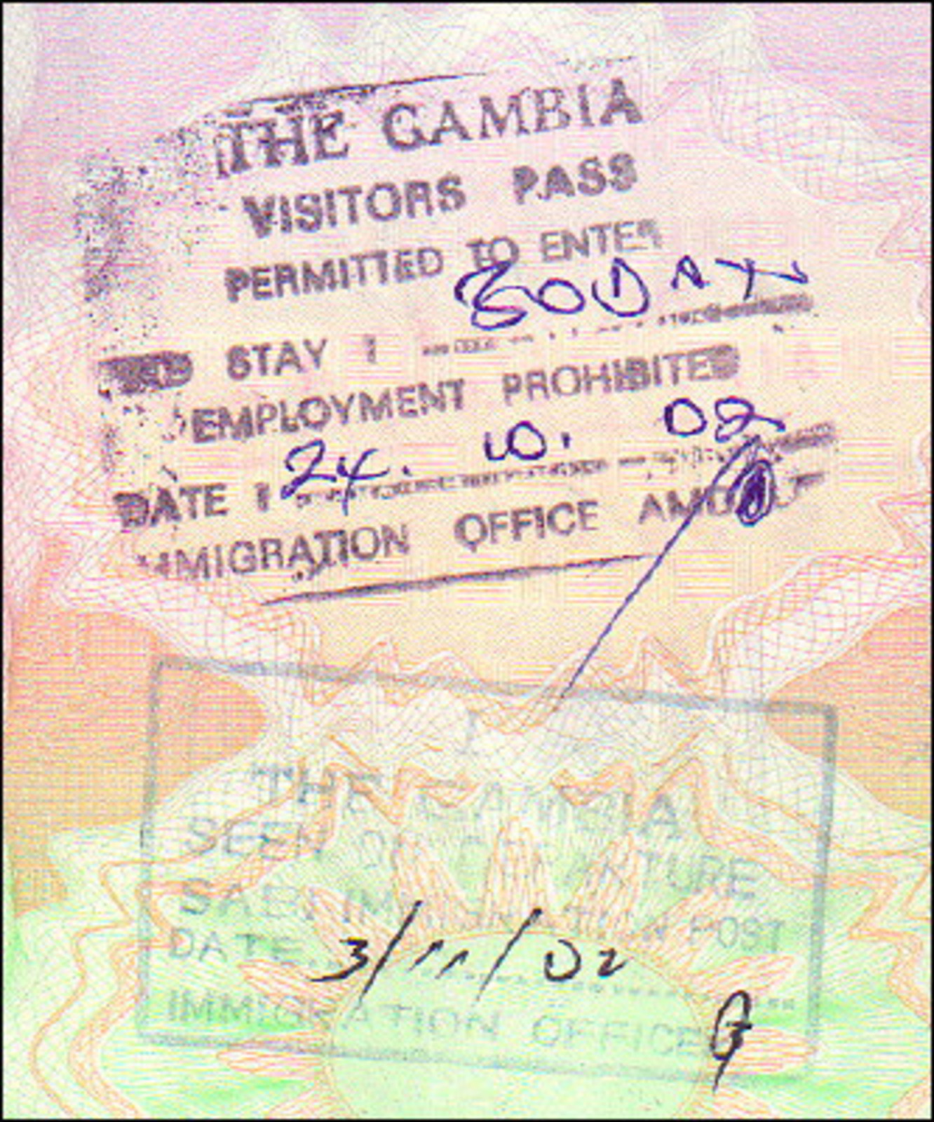 Gambian entry and exit stamps